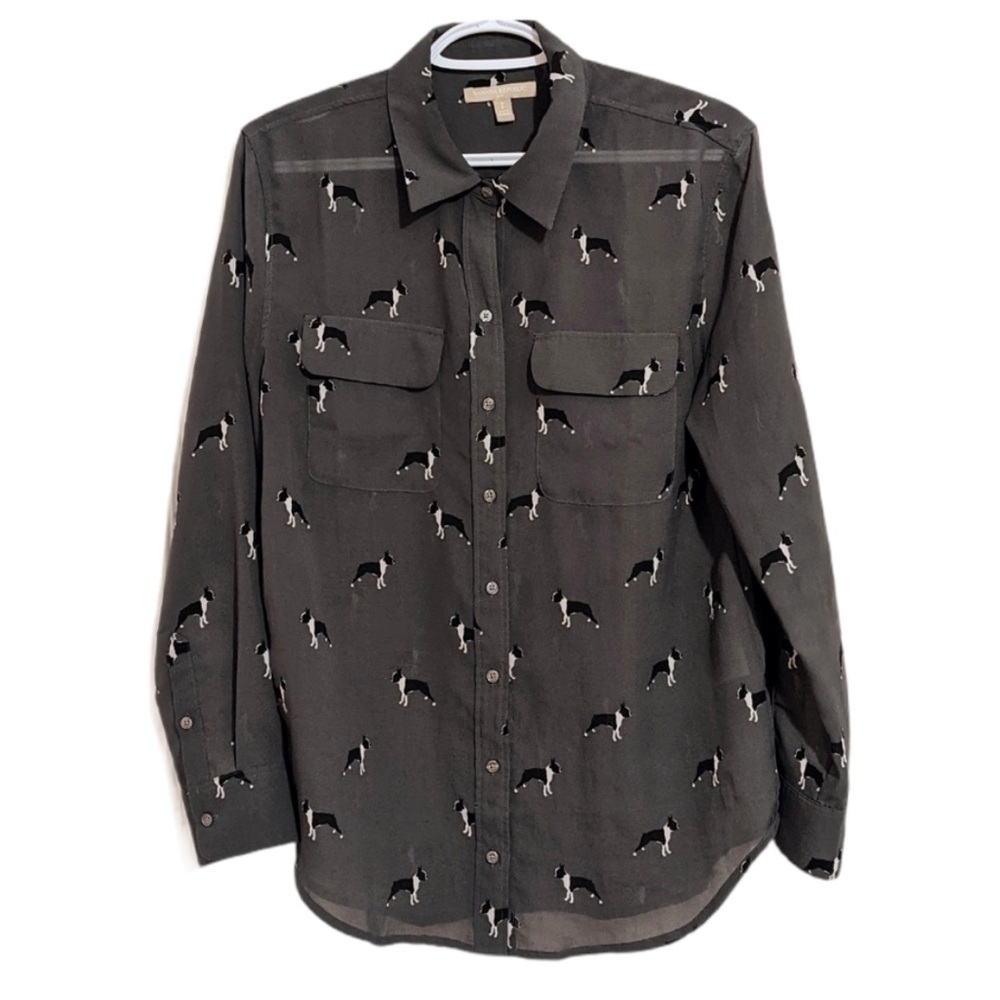 Banana Republic Black french bulldog Print Button-Down blouse